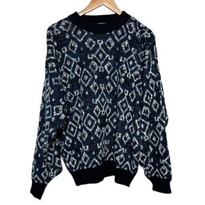 Vintage Brad Richards Blue Black White Square Pattern Knit Sweater Size Large